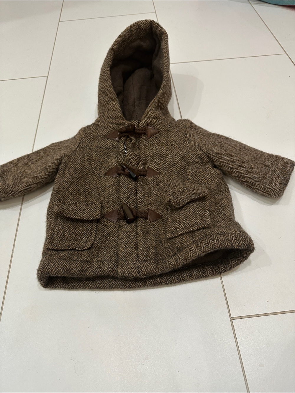 Marie Chantal Brown Herringbone Hooded Pea Coat 6m baby wool